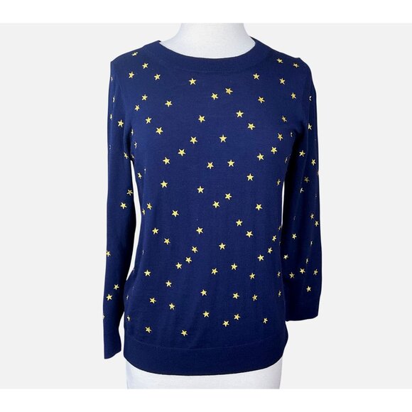 J. Crew Tippi Merino Wool Navy Crewneck Sweater Embroidered Gold Stars M NWT - Picture 1 of 7